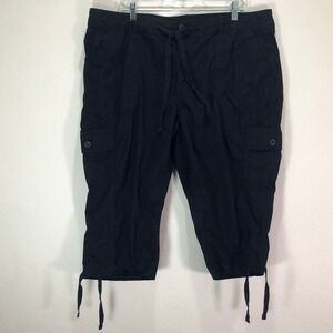 St Johns Bay Womens Black Cargo Capri Pants Size 18W Drawstring Crop Trousers